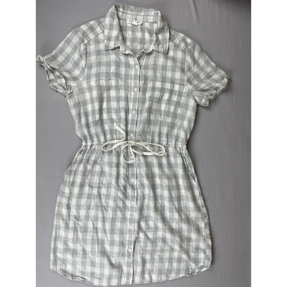 Beach Lunch Lounge Plaid Short Shirt Dress Women’s Med Grey White Cotton Tomboy - Picture 4 of 16
